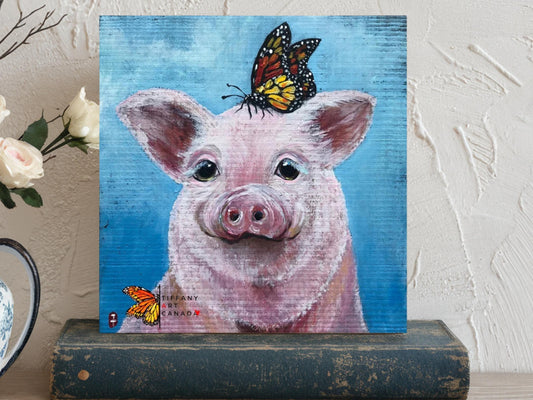 Original Pig Painting on Wood: Farmhouse Piggy Wall Art