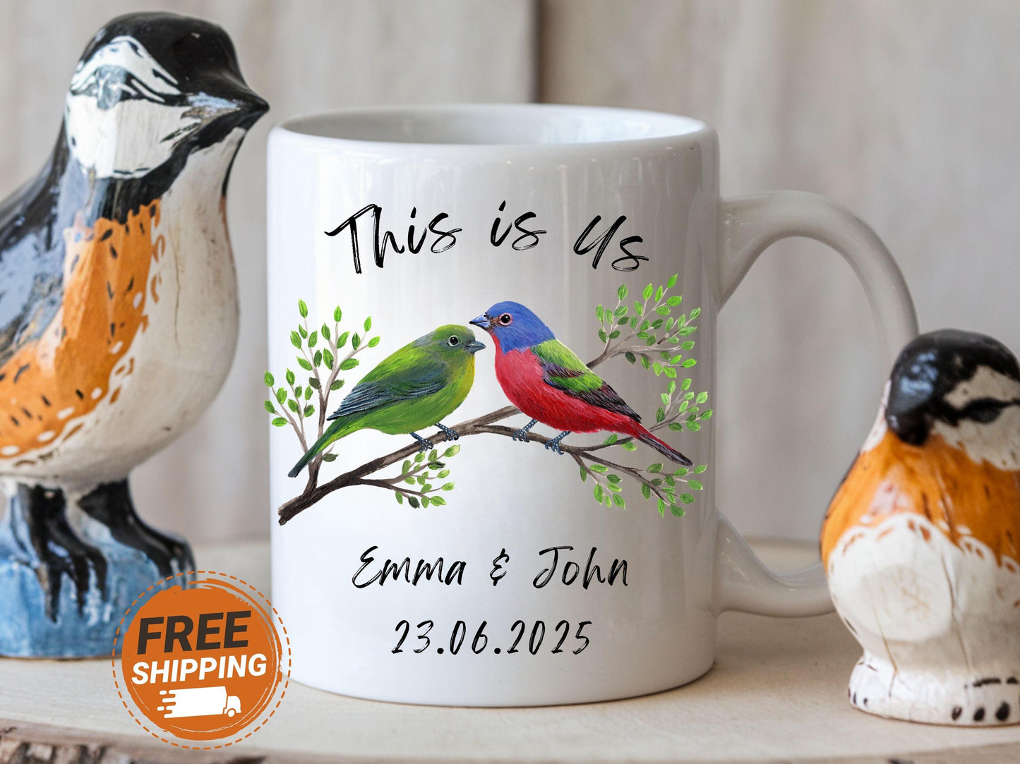 Personalized Painted Bunting Bird Mug, Bird Couple Mug, Couple Wedding Gift, Anniversary Couple Mug, Engagement Couple, Gift For Love Birds