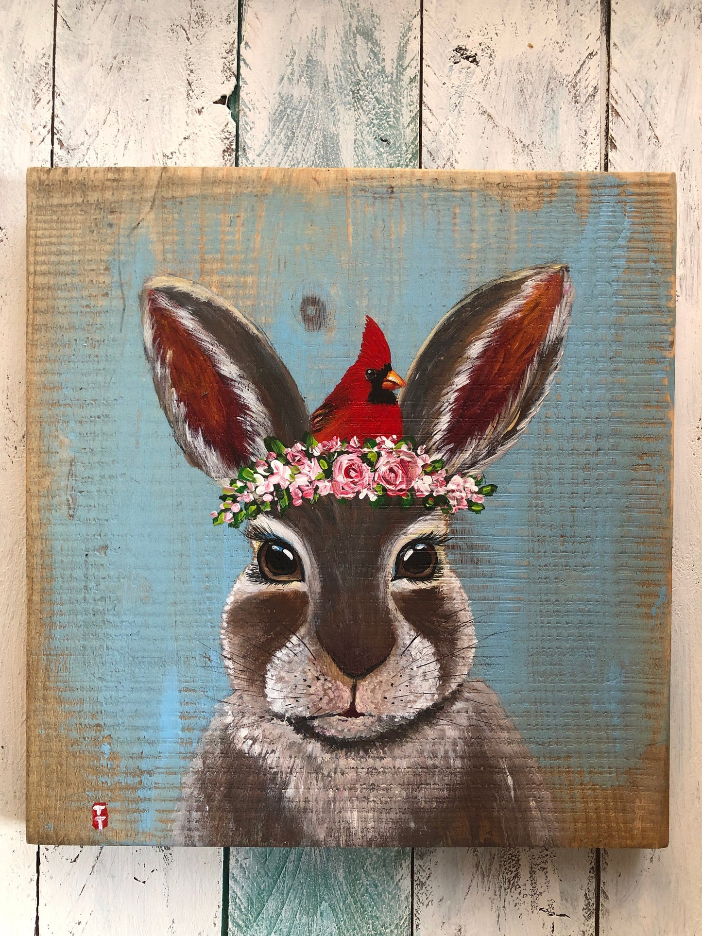 Hare Painting on Wood, Original Easter Bunny Painting, Spring Sign, Bunny Lover Gift, Gift for Mom, Farmhouse Decor, Wildlife Painting