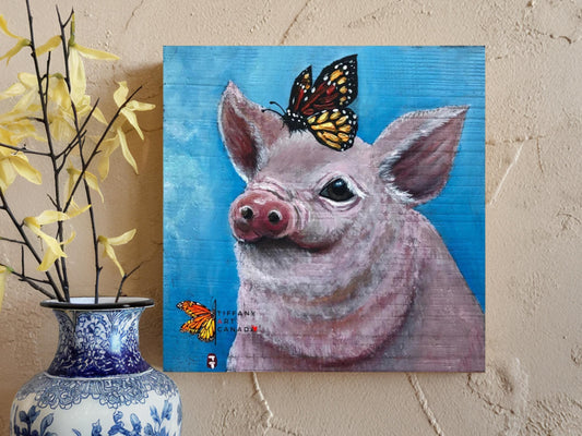 Original Pink Pig Painting on Wood: Farmhouse Kitchen Decor