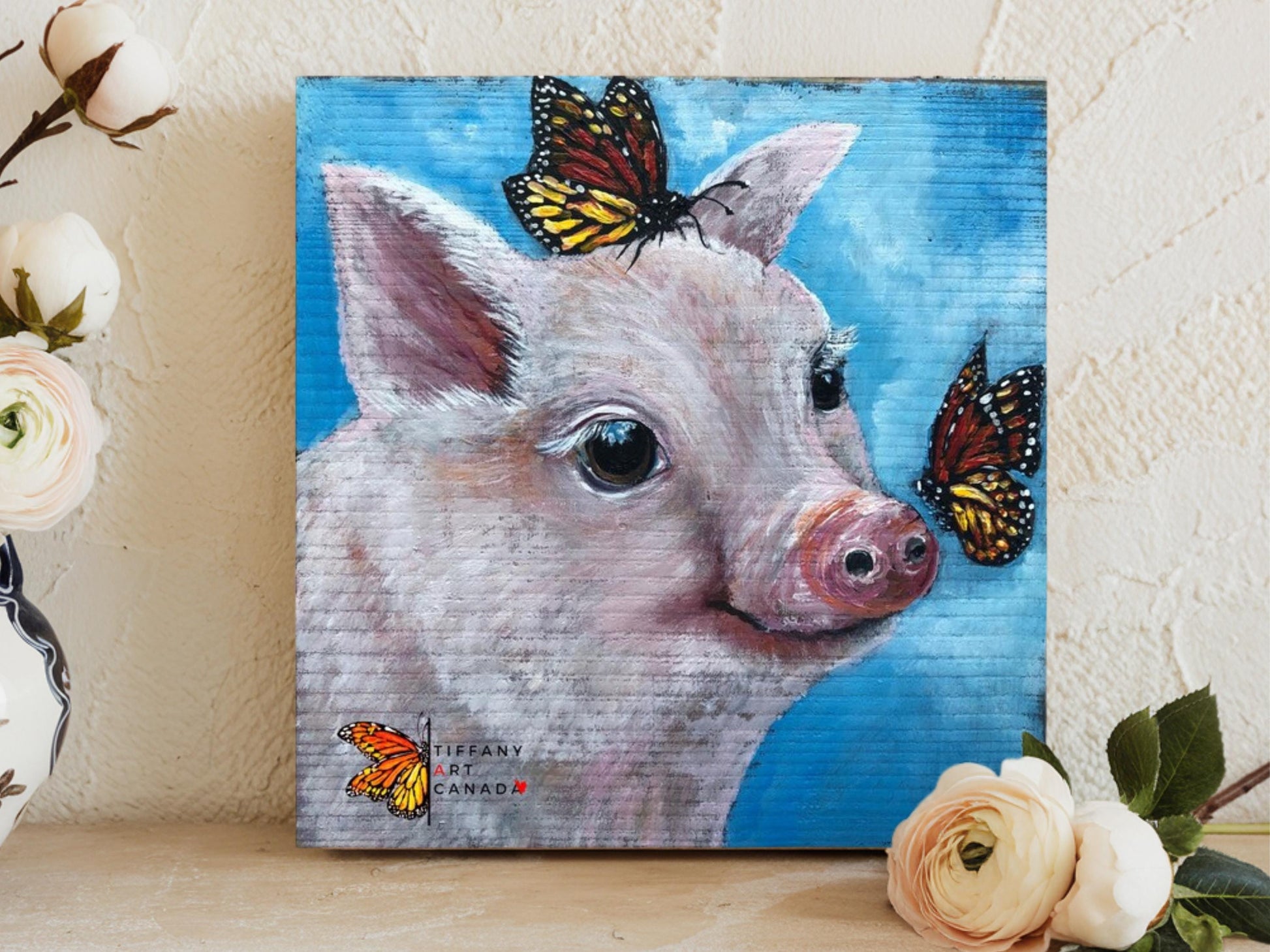 Original Pig Painting on Wood: Farmhouse Animal Art
