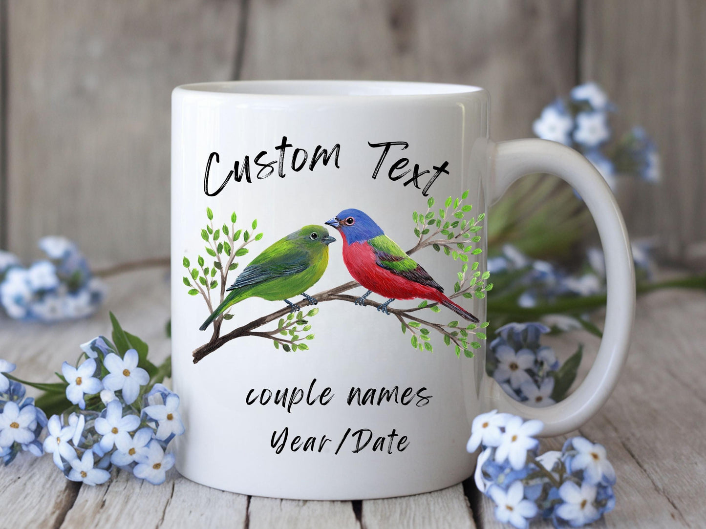 Personalized Painted Bunting Bird Mug, Bird Couple Mug, Couple Wedding Gift, Anniversary Couple Mug, Engagement Couple, Gift For Love Birds