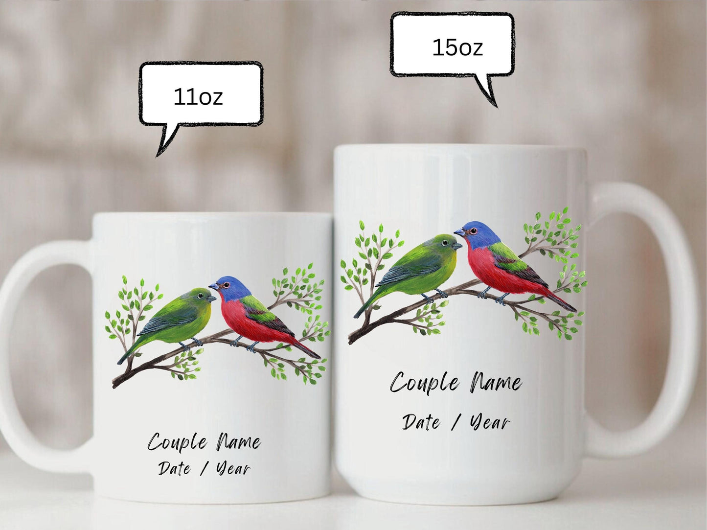 Personalized Painted Bunting Bird Mug, Bird Couple Mug, Couple Wedding Gift, Anniversary Couple Mug, Engagement Couple, Gift For Love Birds