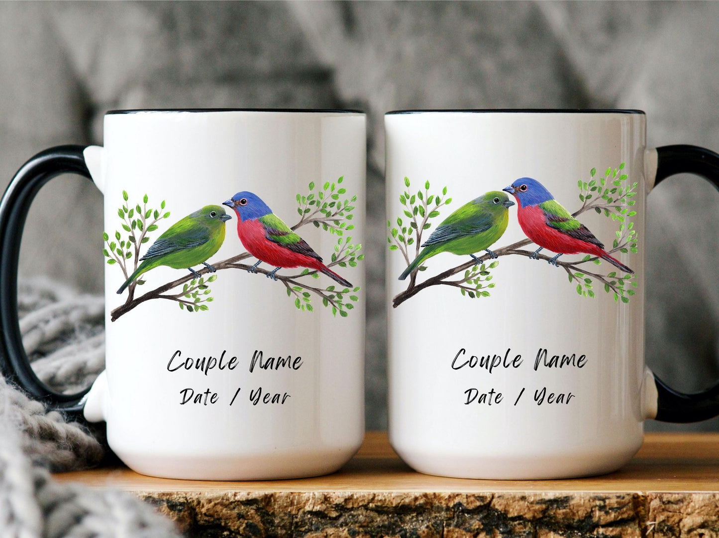 Personalized Painted Bunting Bird Mug, Bird Couple Mug, Couple Wedding Gift, Anniversary Couple Mug, Engagement Couple, Gift For Love Birds