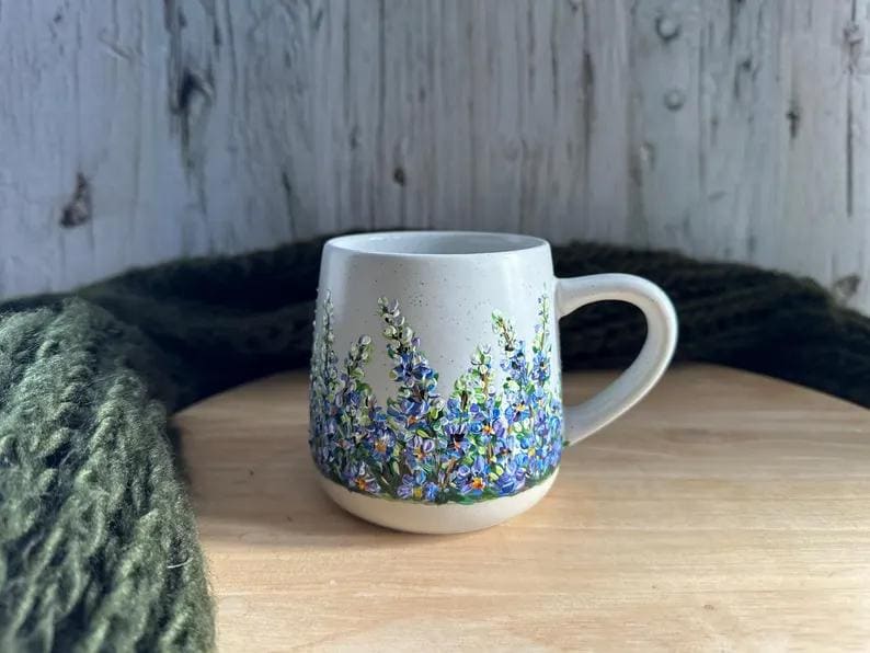 Custom Hand Painted Larkspur Mug, July Birth Flower Gift, Birthday Gift for Mom, Personalized Coffee Cup for Her