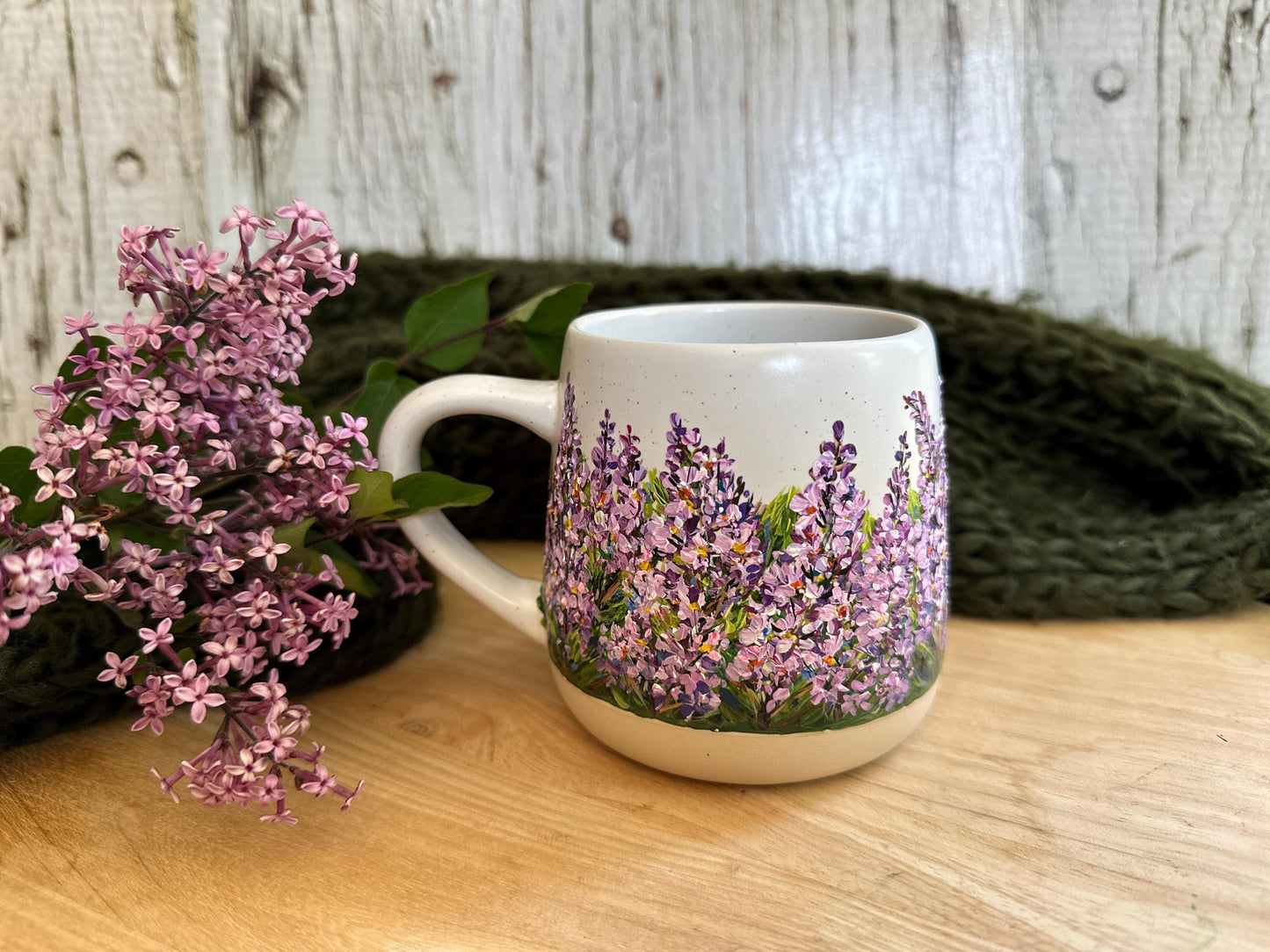Hand Painted Lilac Mug: Floral Ceramic Stoneware, 12oz