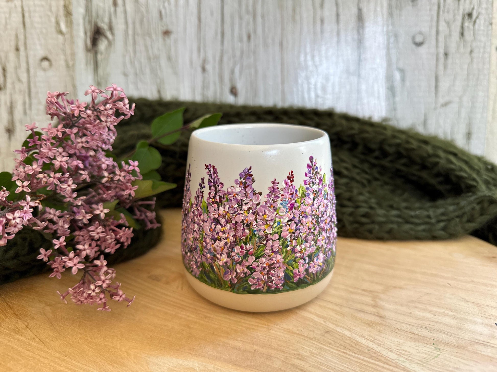 Hand Painted Lilac Mug: Floral Ceramic Stoneware, 12oz