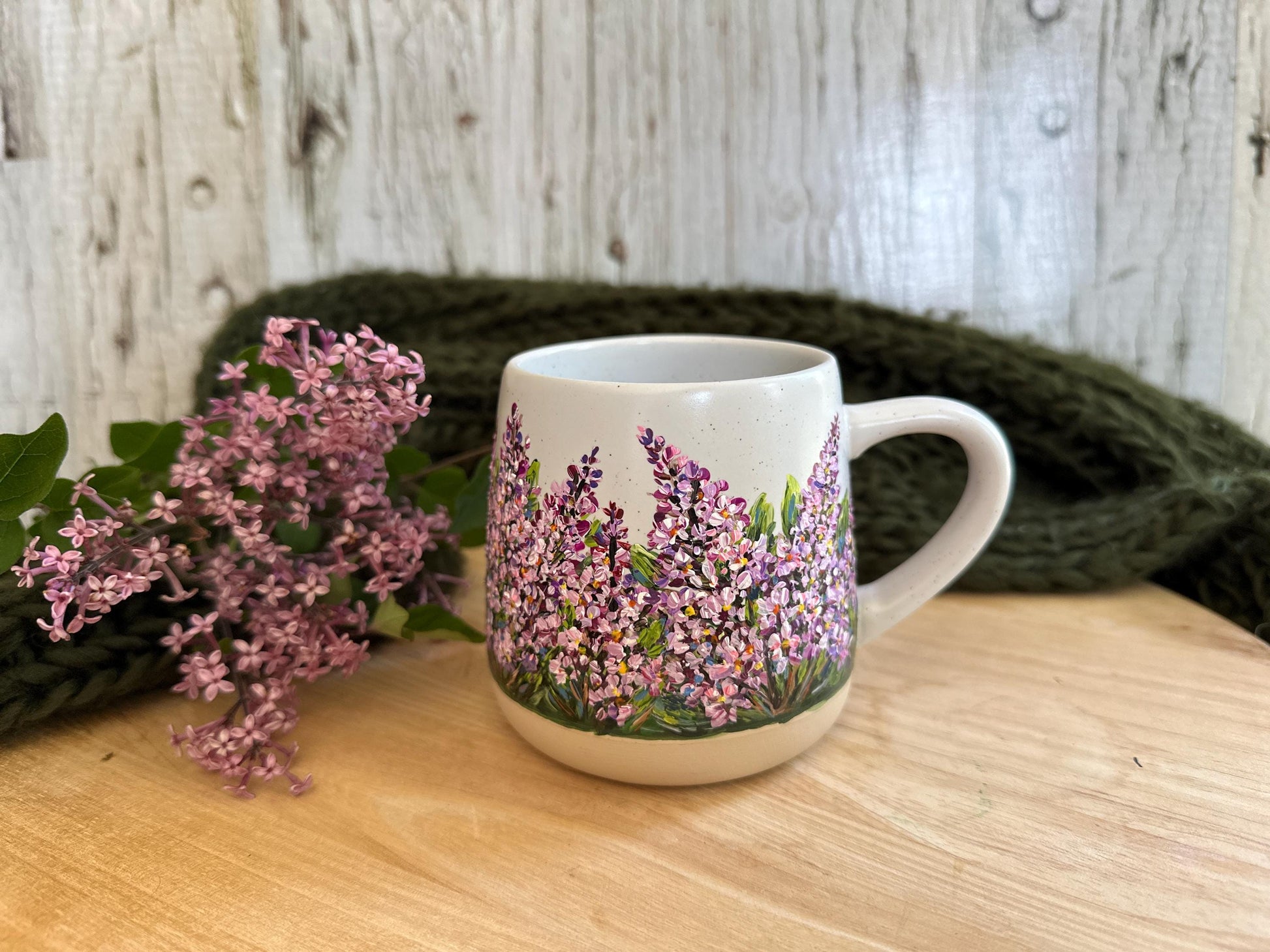Hand Painted Lilac Mug: Floral Ceramic Stoneware, 12oz