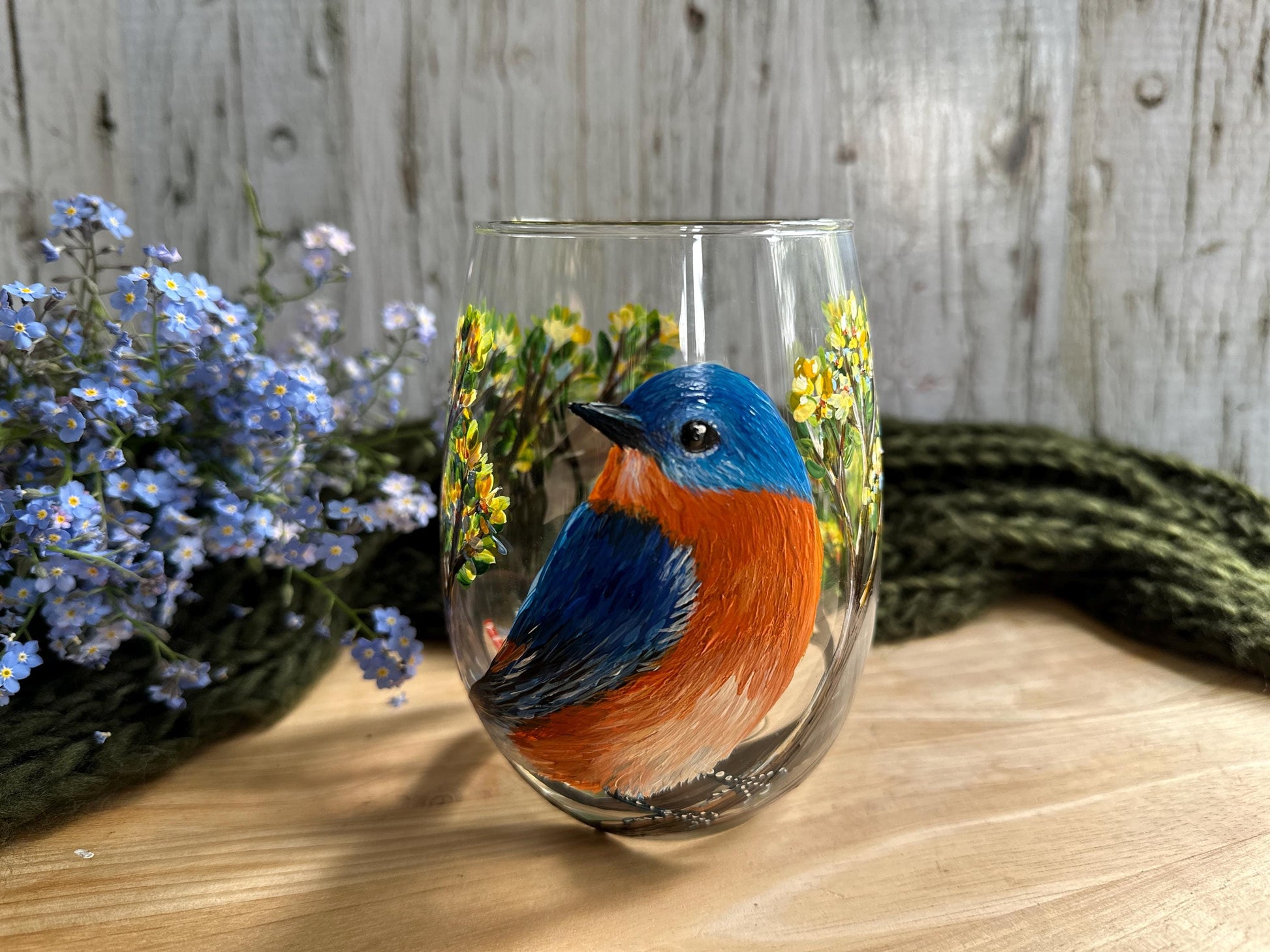 Hand Painted Bird Wine Glass, Eastern BlueBird, Bird Wine Glass, Gift for Dad, Bird Mom Gift, Bluebird Lover Gift, Bluebird Birthday Gift