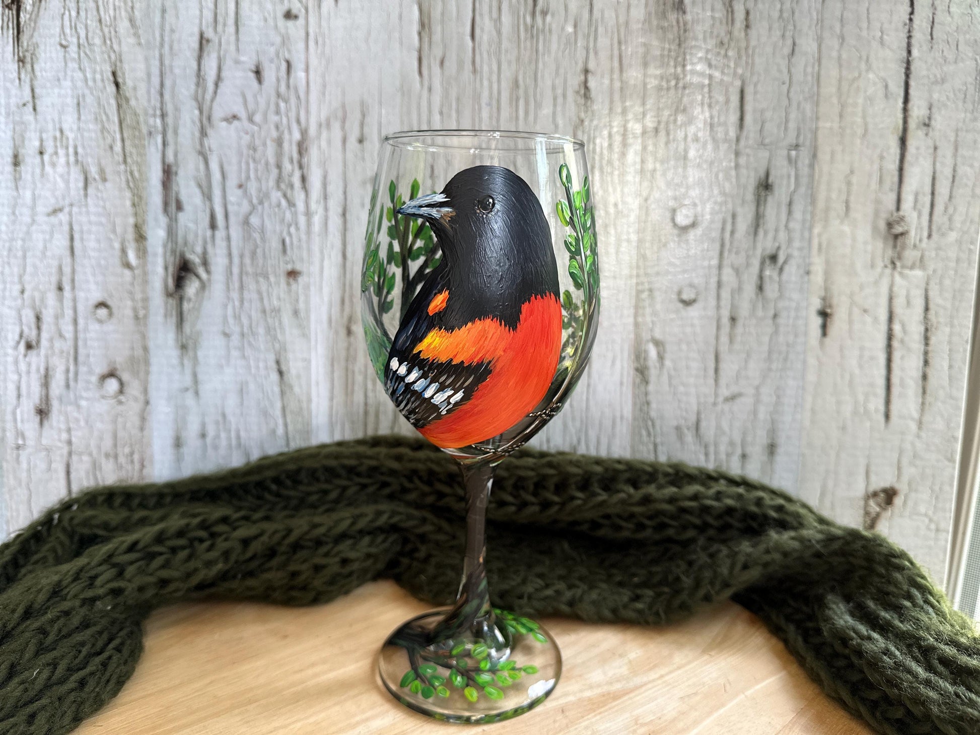 Hand Painted Baltimore Oriole Wine Glass, Baltimore Oriole Gifts, Baltimore Oriole Painting, Bird Wine Glass, Wedding gift, Bird Lover Gift