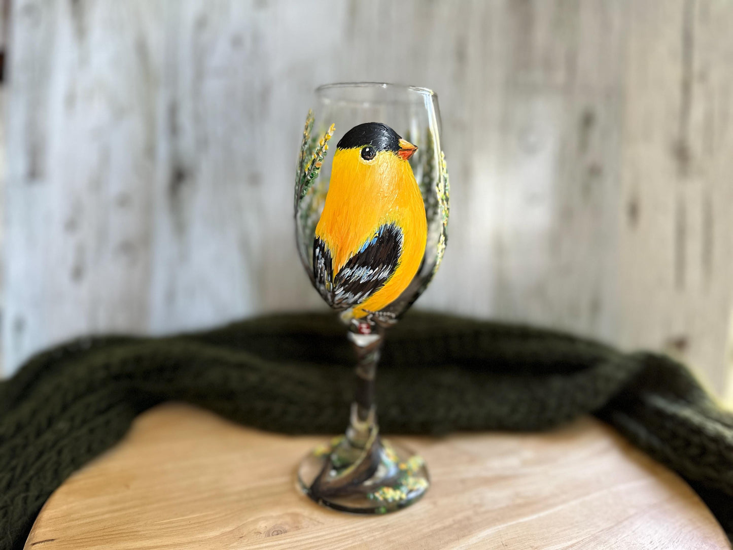 Hand Painted Goldfinch Wine Glass, Yellow Bird Gift, Bird Lover Gift, Bird Birthday Gift, Bird Watcher, Gift for Mom, Dad, Teacher, Boss