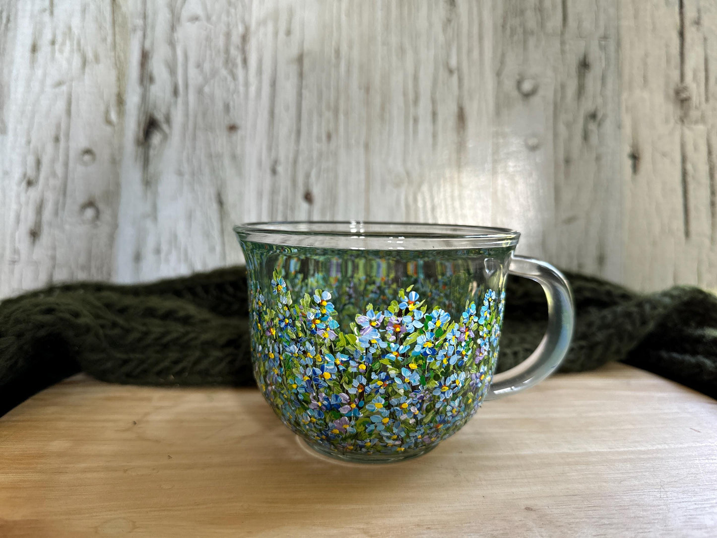Hand Painted Forget-Me-Not Glass Mug: Personalized Floral Gift