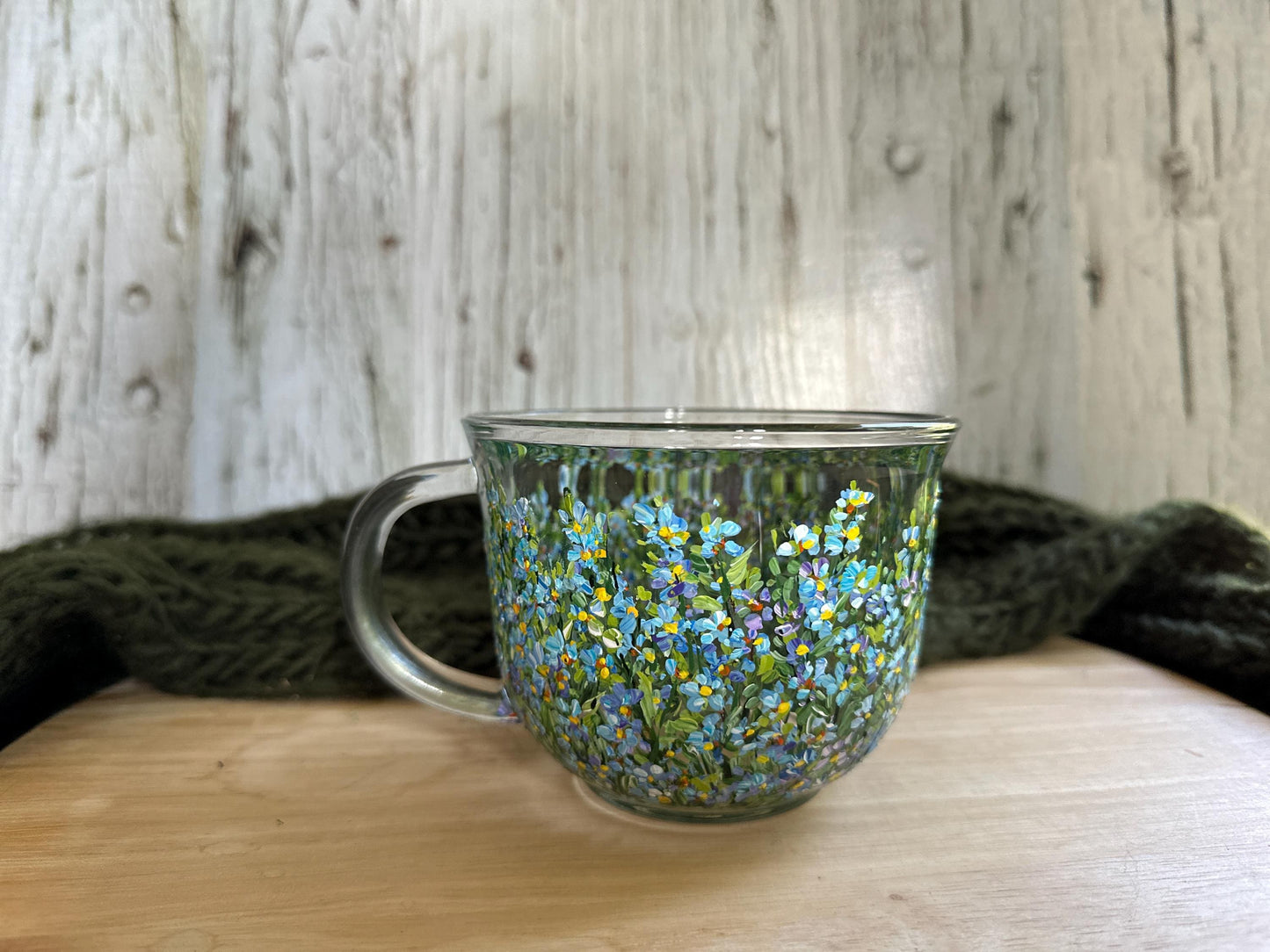 Hand Painted Forget-Me-Not Glass Mug: Personalized Floral Gift