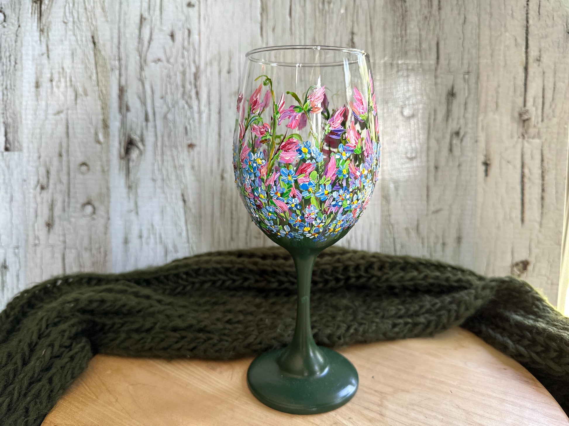 Hand Painted Flower Wine Glass: Sweet Pea & Forget-Me-Not Floral Art, Gift for Mom, Morther's Day