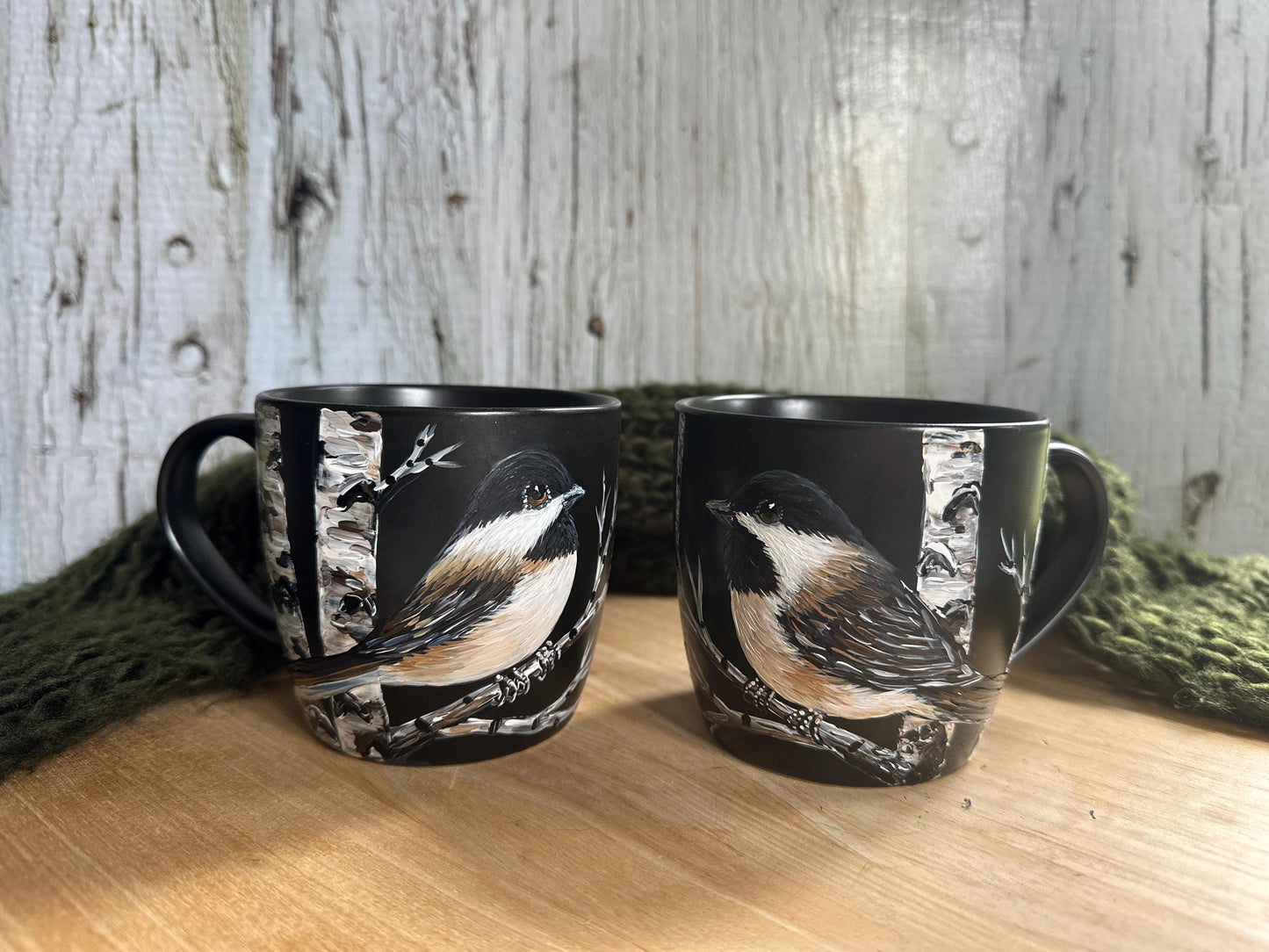 Hand Painted Chickadee Mr and Mrs Mug Set: Bird Couple Coffee Mug, Wedding Gift