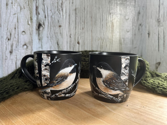 Hand Painted Chickadee Mr and Mrs Mug Set: Bird Couple Coffee Mug, Wedding Gift