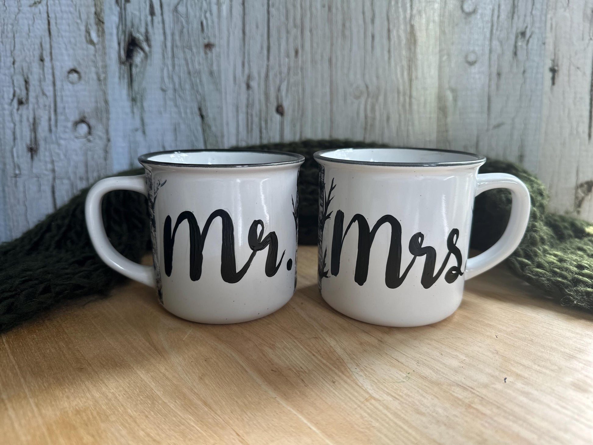 Hand-Painted Birch Tree Mr and Mrs Mugs, Wedding Couple Gift