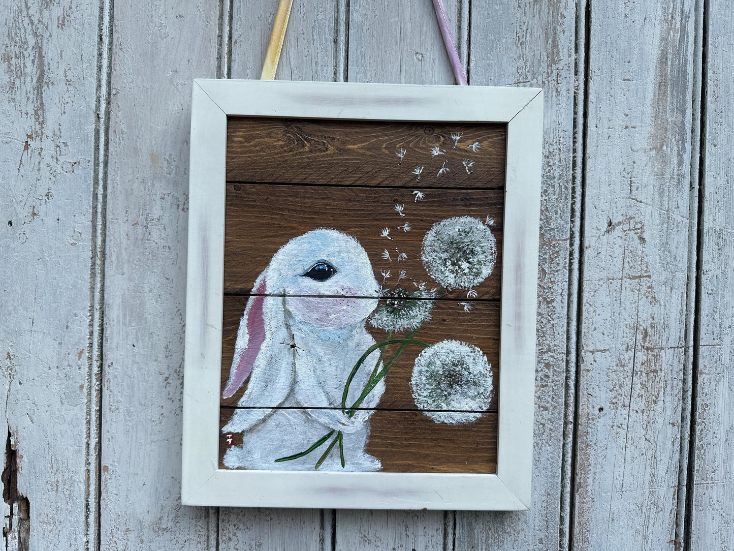 Bunny Painting on Wood, Bunny Decorations, Rabbit and Dandelion Painting, Bunny Lover Gift, Rabbit Birthday Gift, Bunny Gift for Girl Bday