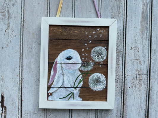 Bunny Painting on Wood, Bunny Decorations, Rabbit and Dandelion Painting, Bunny Lover Gift, Rabbit Birthday Gift, Bunny Gift for Girl Bday