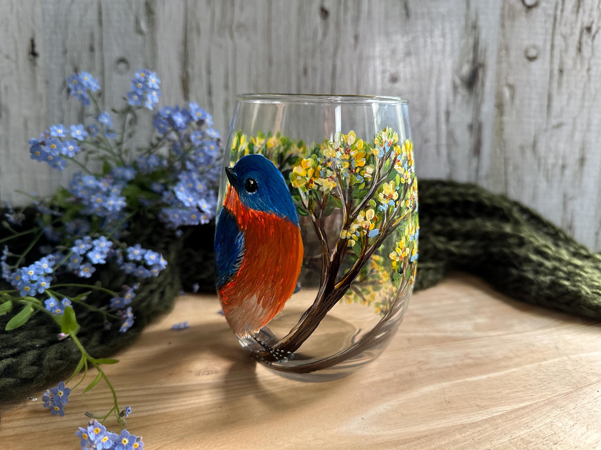 Hand Painted Bird Wine Glass, Eastern BlueBird, Bird Wine Glass, Gift for Dad, Bird Mom Gift, Bluebird Lover Gift, Bluebird Birthday Gift