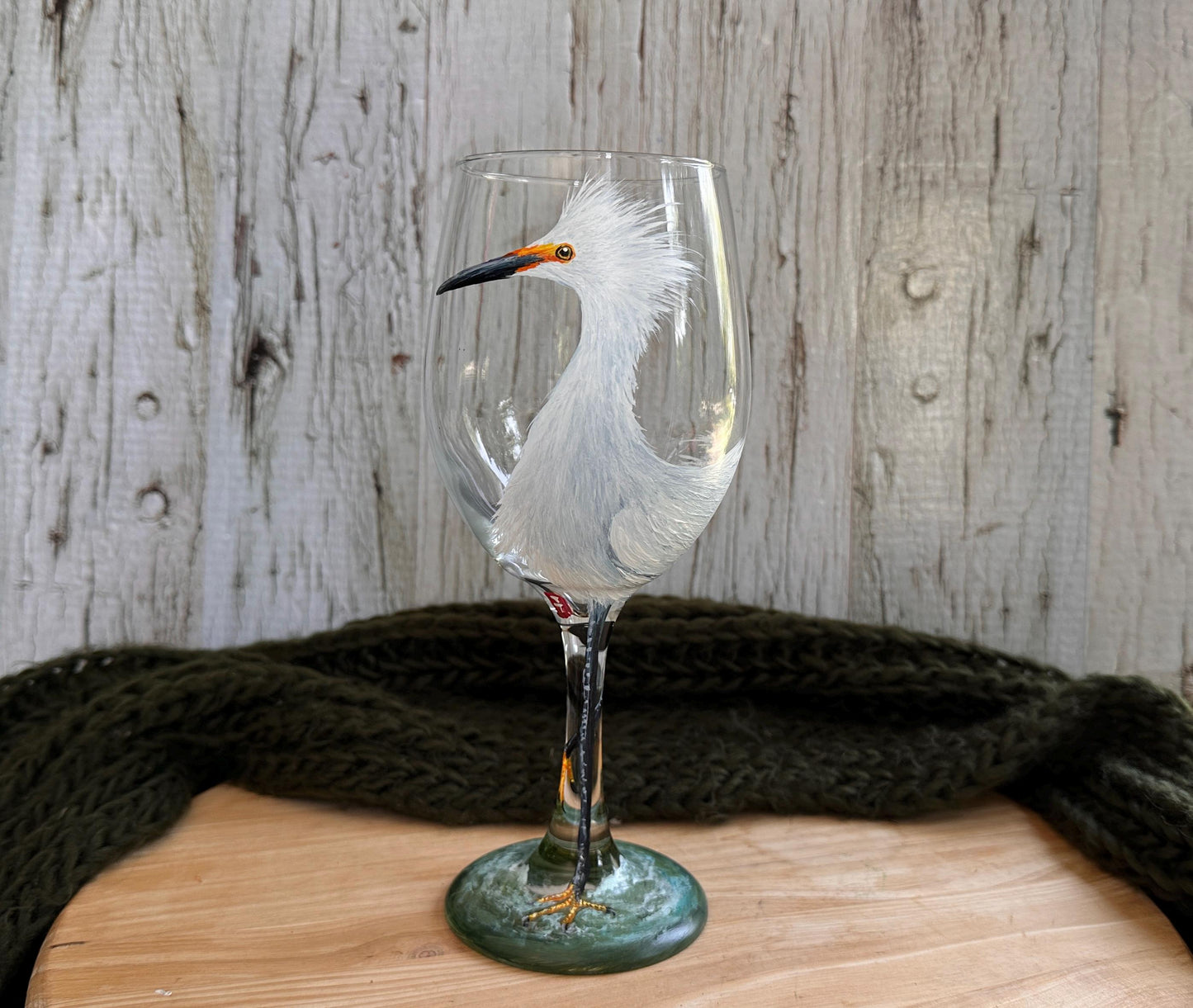 Hand Painted Snowy Egret Wine Glass: Bird Lover Gift