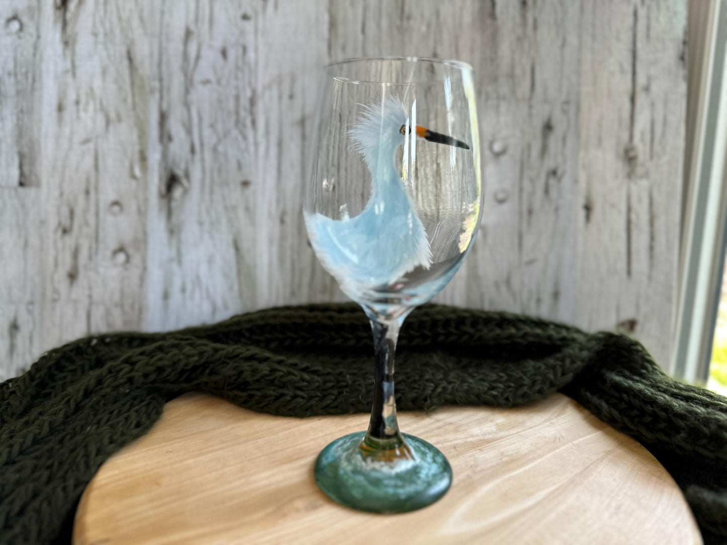 Hand Painted Snowy Egret Wine Glass: Bird Lover Gift