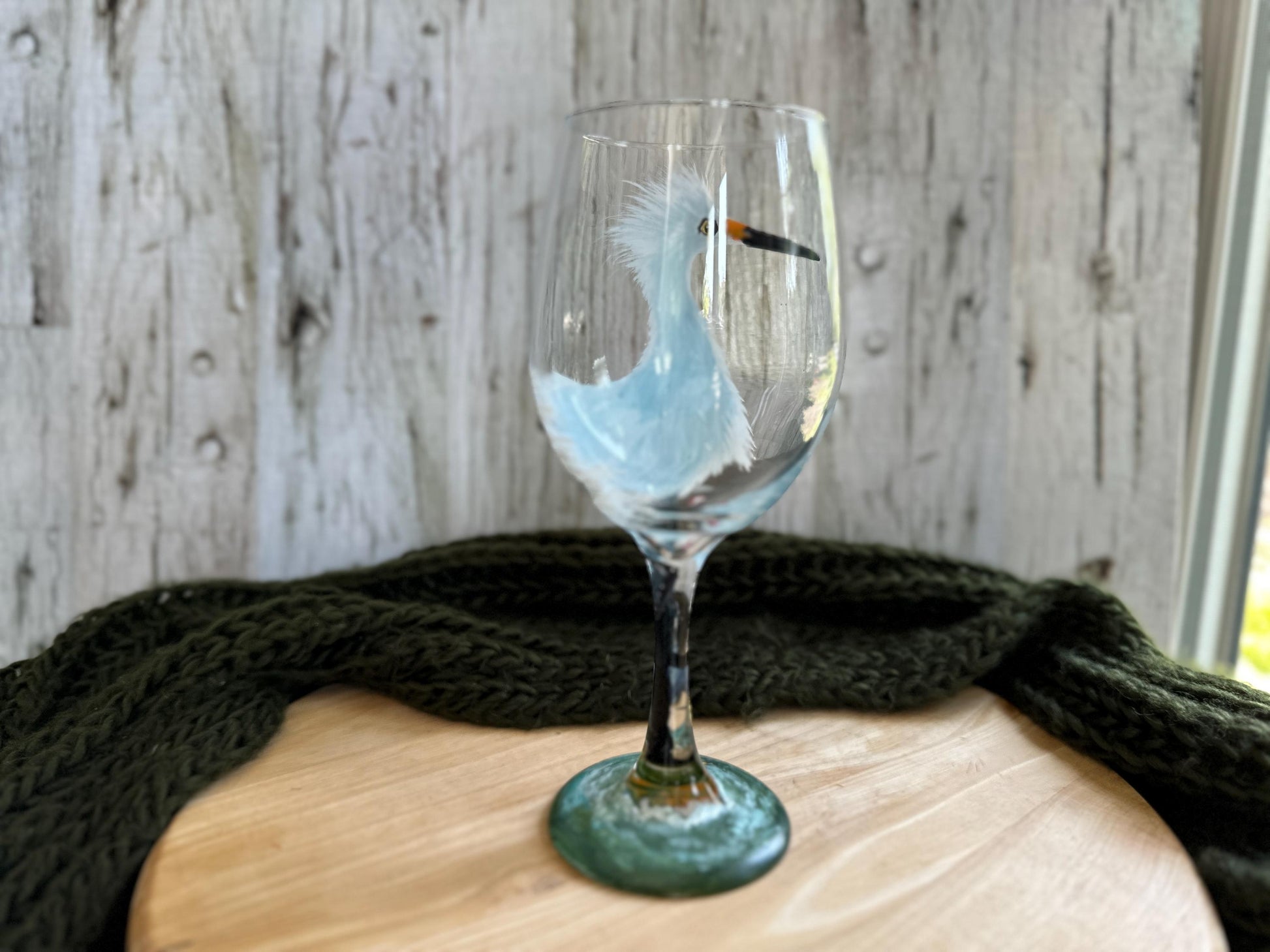 Hand Painted Snowy Egret Wine Glass: Bird Lover Gift