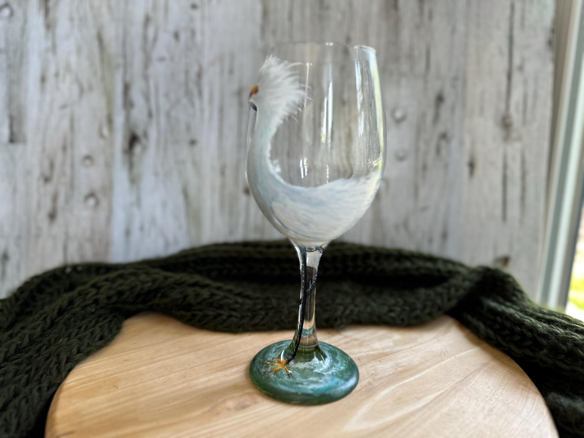 Hand Painted Snowy Egret Wine Glass: Bird Lover Gift