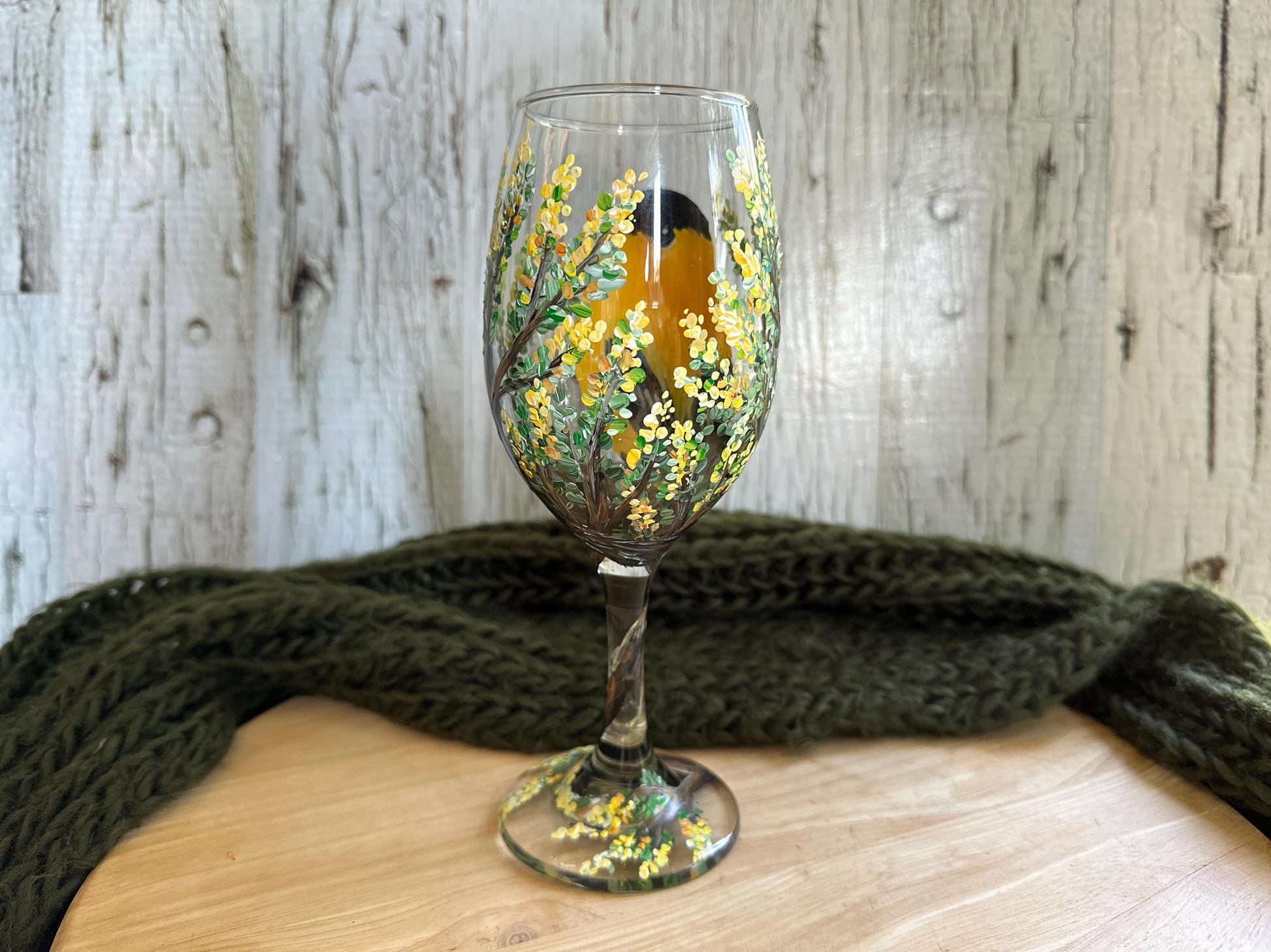 Hand Painted Goldfinch Wine Glass, Yellow Bird Gift, Bird Lover Gift, Bird Birthday Gift, Bird Watcher, Gift for Mom, Dad, Teacher, Boss
