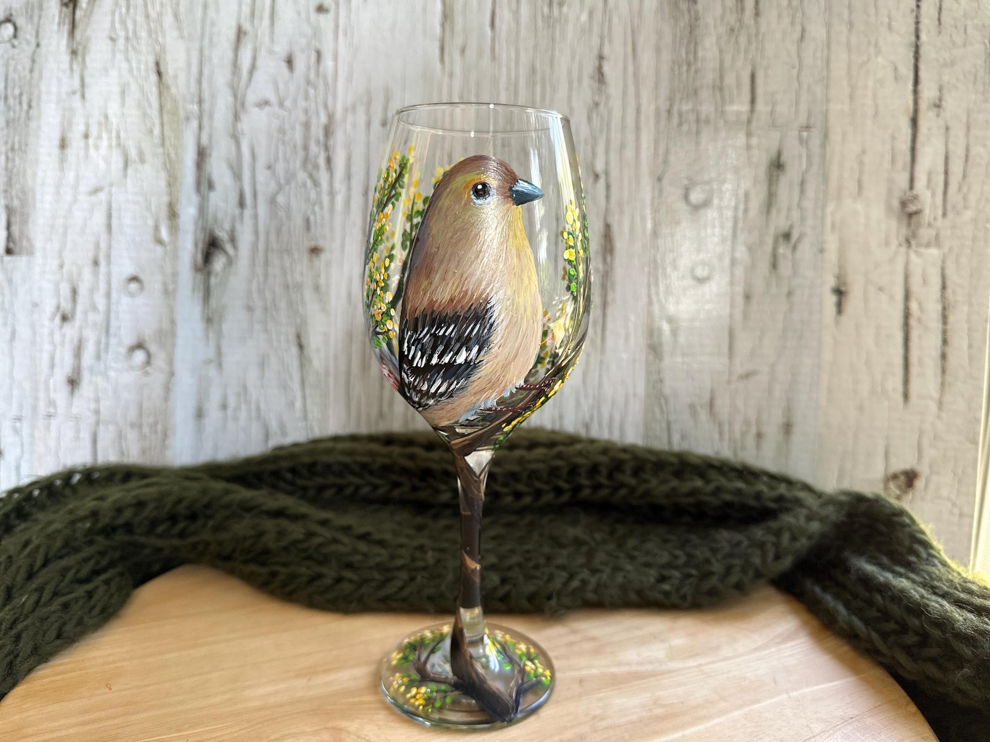 Hand Painted Goldfinch Wine Glass: Bird Lover Gift