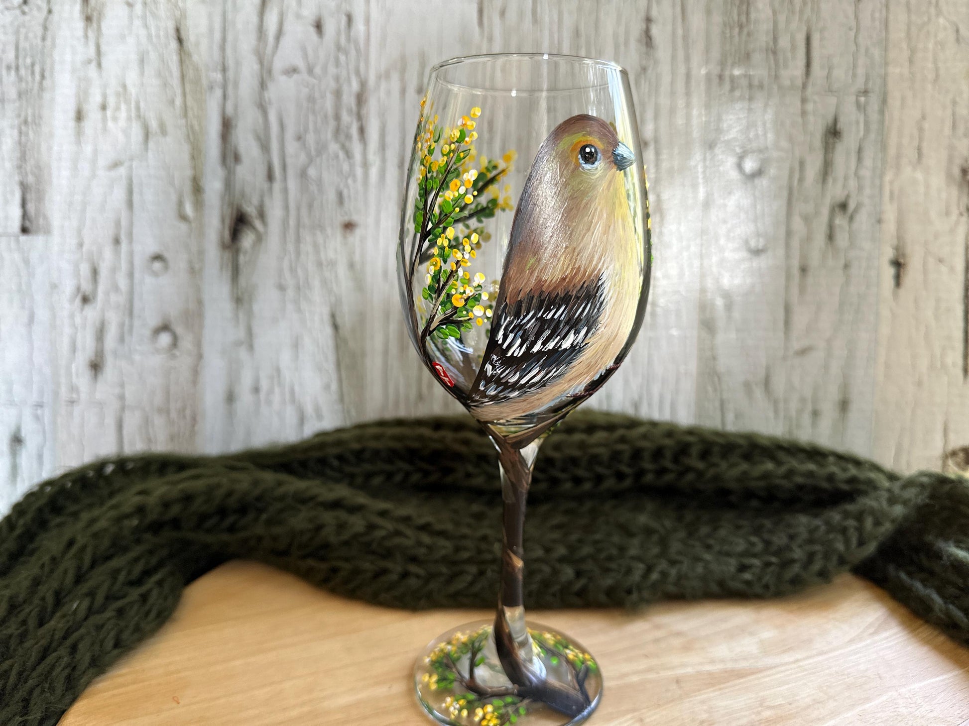 Hand Painted Goldfinch Wine Glass: Bird Lover Gift