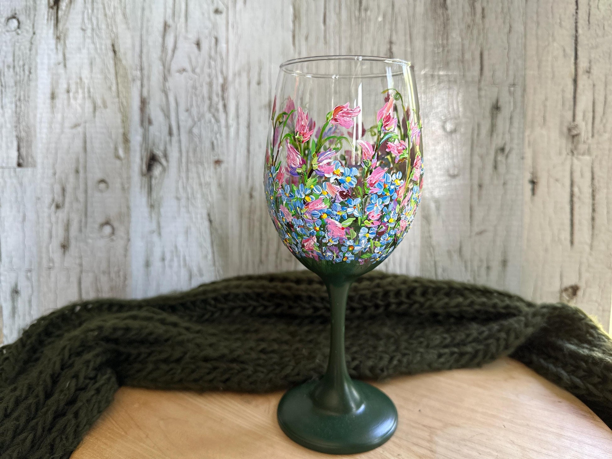 Hand Painted Flower Wine Glass: Sweet Pea & Forget-Me-Not Floral Art, Gift for Mom, Morther's Day