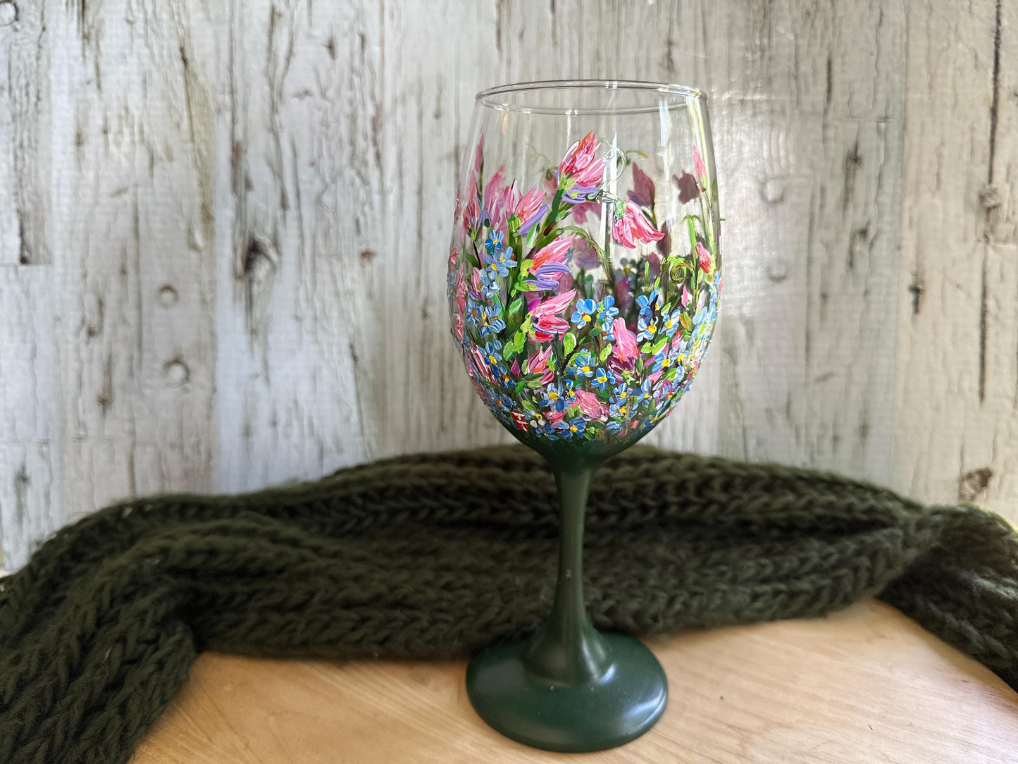 Hand Painted Flower Wine Glass: Sweet Pea & Forget-Me-Not Floral Art, Gift for Mom, Morther's Day