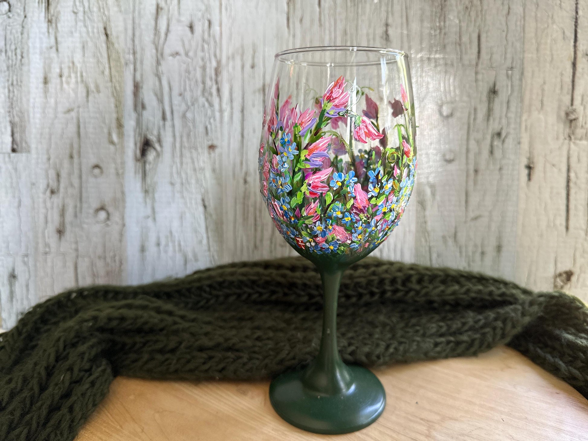 Hand Painted Flower Wine Glass: Sweet Pea & Forget-Me-Not Floral Art, Gift for Mom, Morther's Day