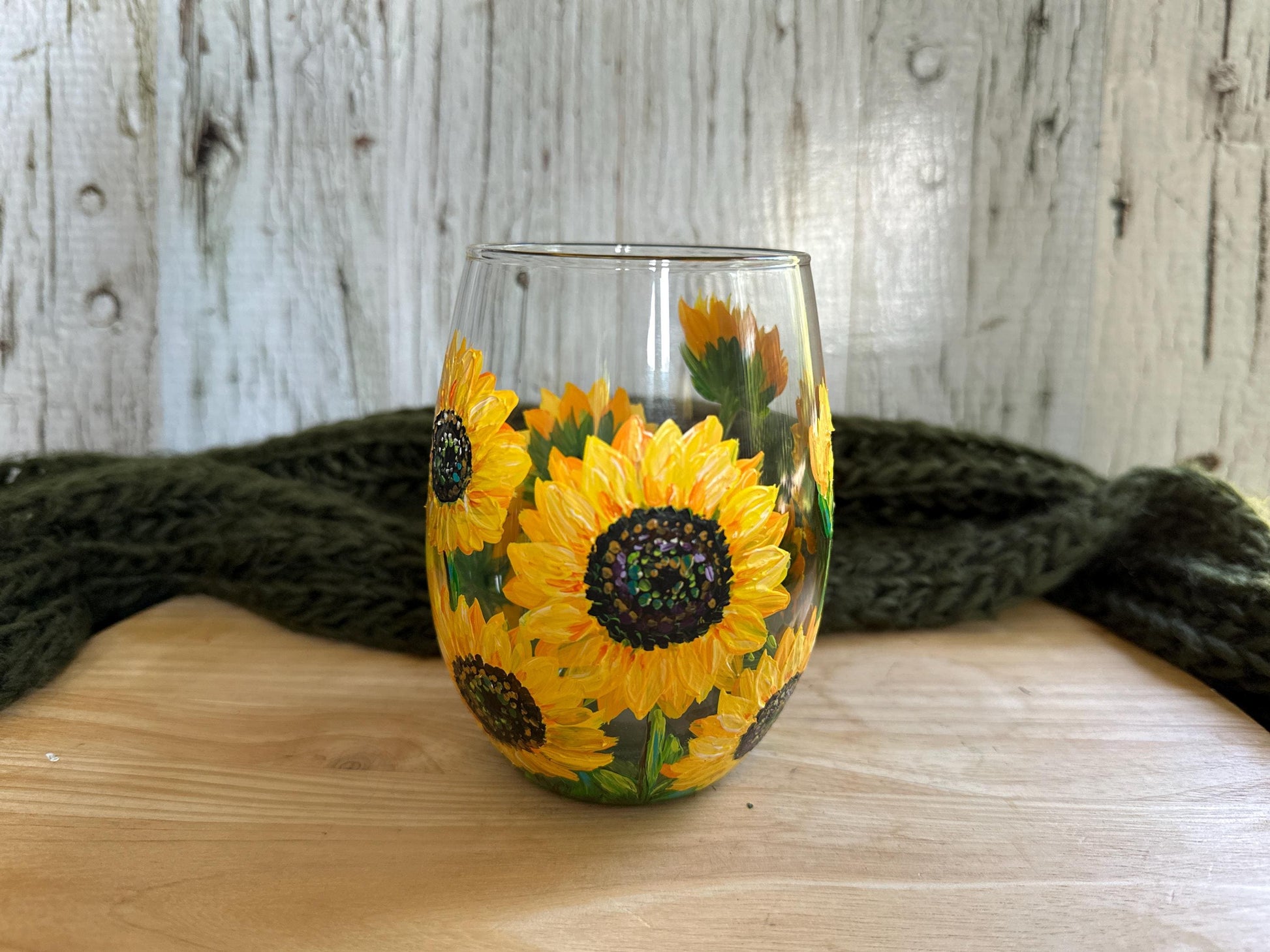 Stemless Sunflower Wine Glass, Hand painted Sunflower Wine Glass, Sunflower Wedding Gift, Sunflower Gift For Couple, Gift For Mom, Dad Gift