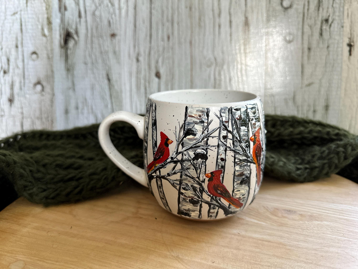 Hand Painted Cardinal Birch Tree Mug: Bird Lover Gift