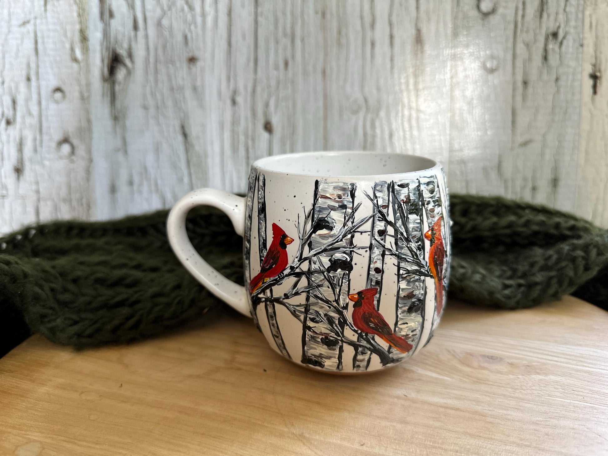 Hand Painted Cardinal Birch Tree Mug: Bird Lover Gift