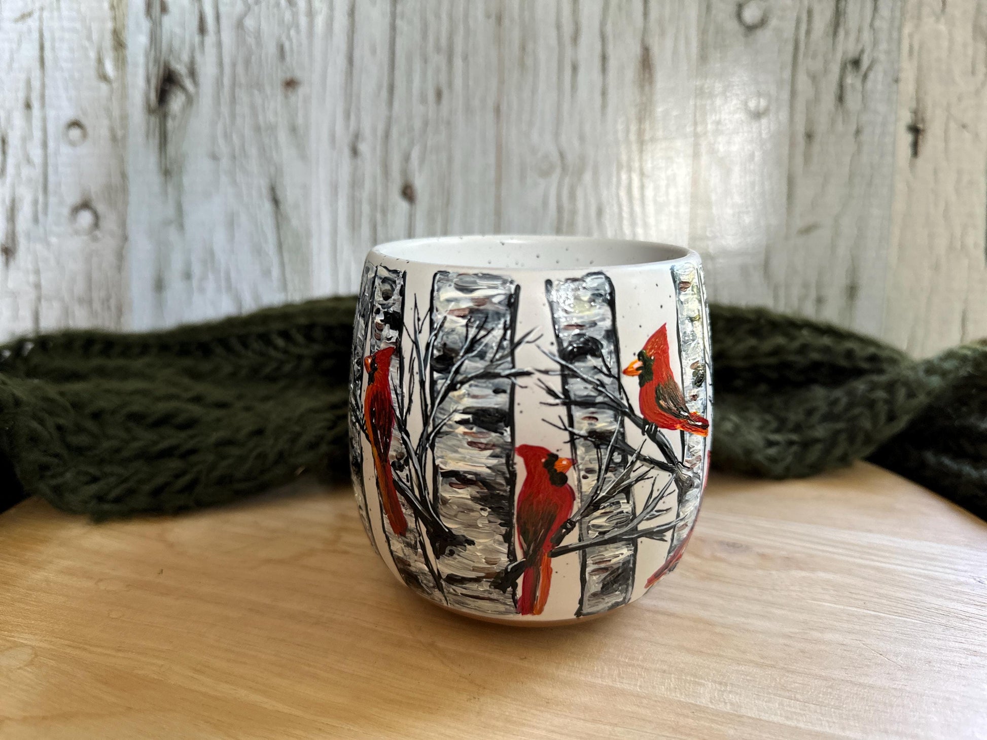 Hand Painted Cardinal Birch Tree Mug: Bird Lover Gift