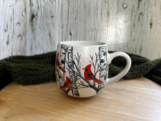 Hand Painted Cardinal Birch Tree Mug: Bird Lover Gift