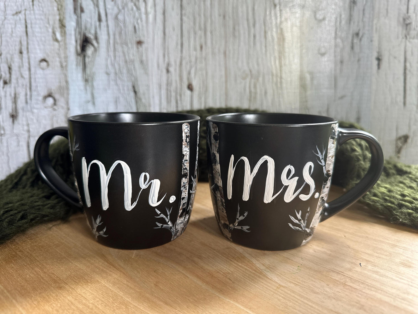 Hand Painted Chickadee Mr and Mrs Mug Set: Bird Couple Coffee Mug, Wedding Gift