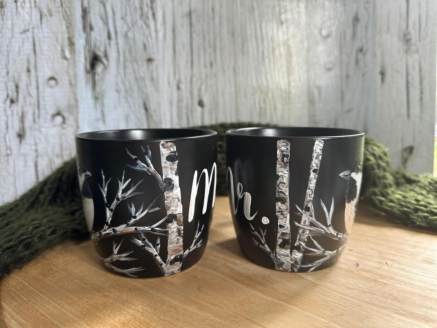 Hand Painted Chickadee Mr and Mrs Mug Set: Bird Couple Coffee Mug, Wedding Gift