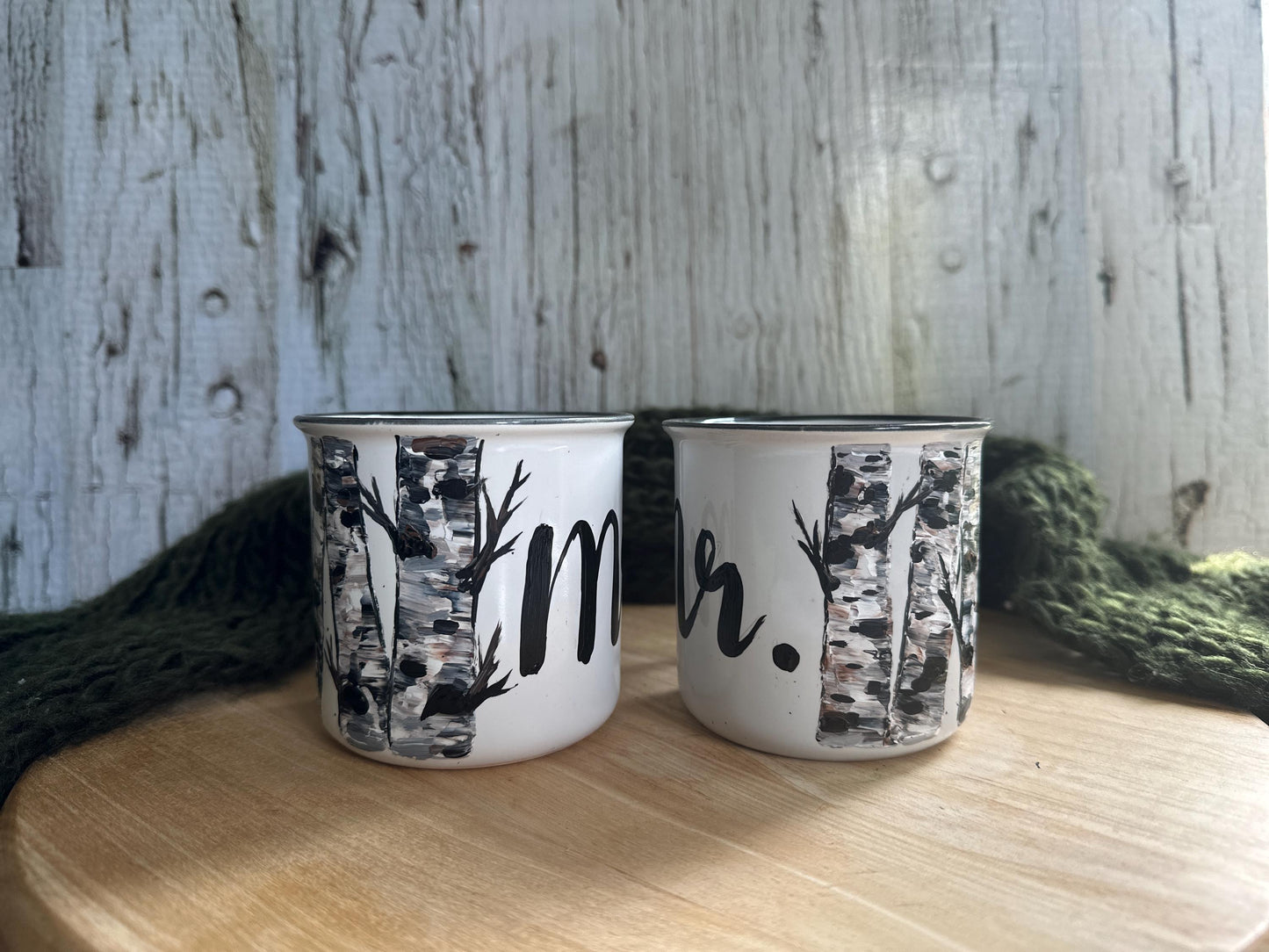 Hand-Painted Birch Tree Mr and Mrs Mugs, Wedding Couple Gift