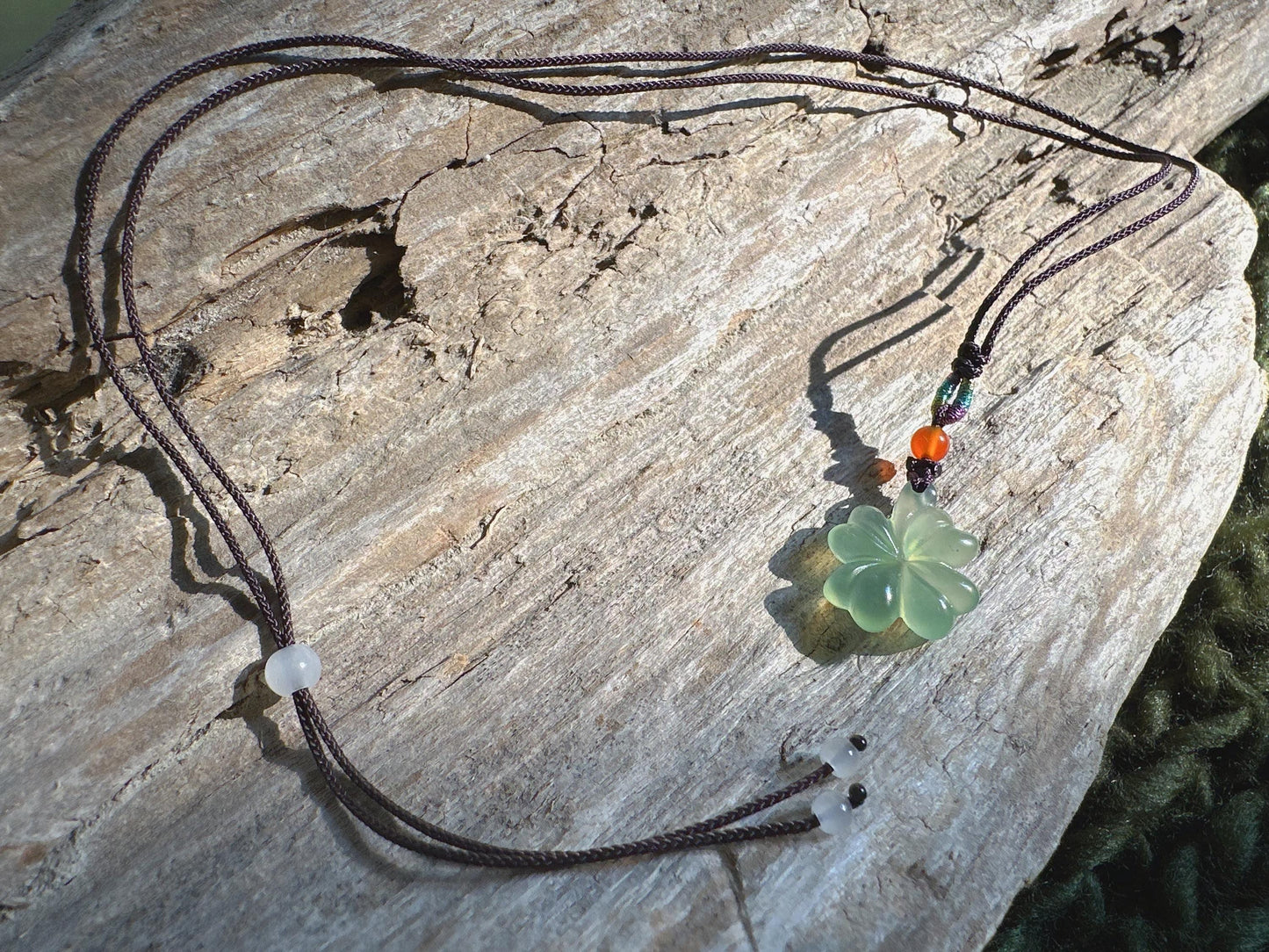 Dainty Jade Clover Necklace: Natural Gemstone Pendant, Hand-Carved