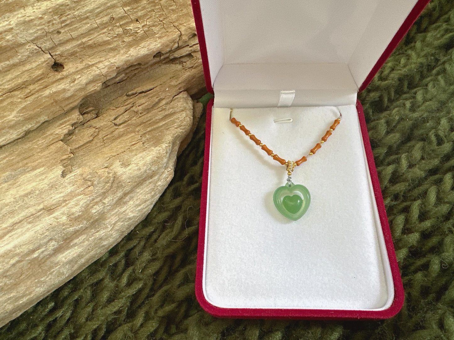 Natural Green Jade Open Heart Necklace: Handmade in Canada