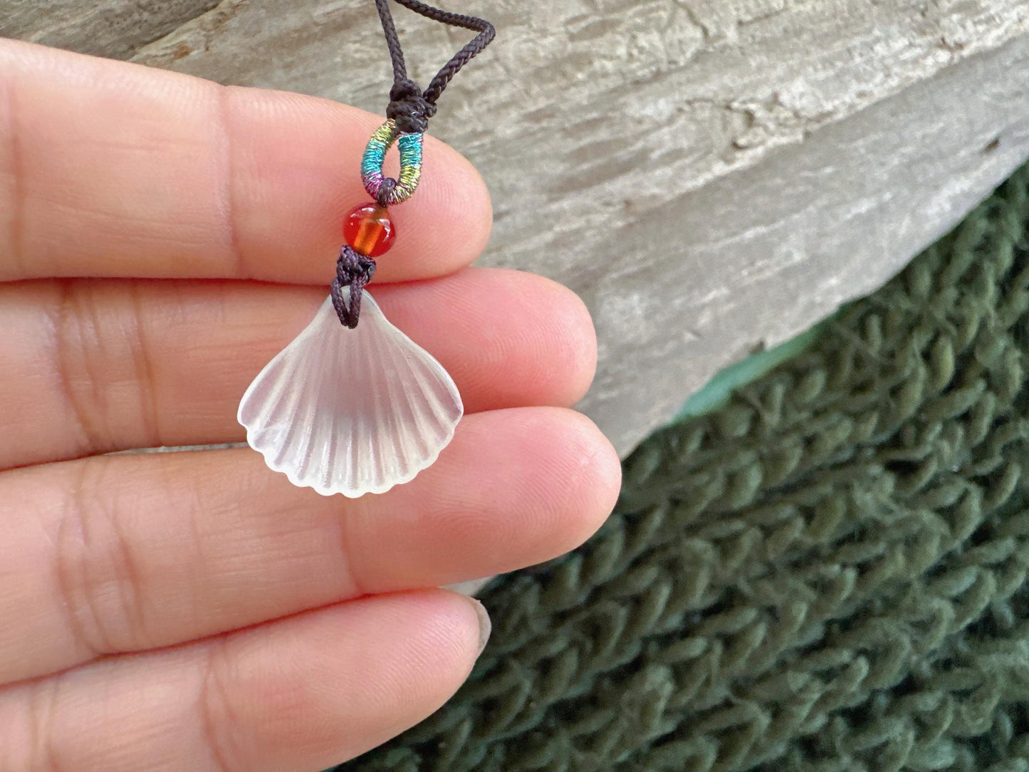 White Jade Shell Pendant Necklace: Natural Carved Jade, Beach Jewelry