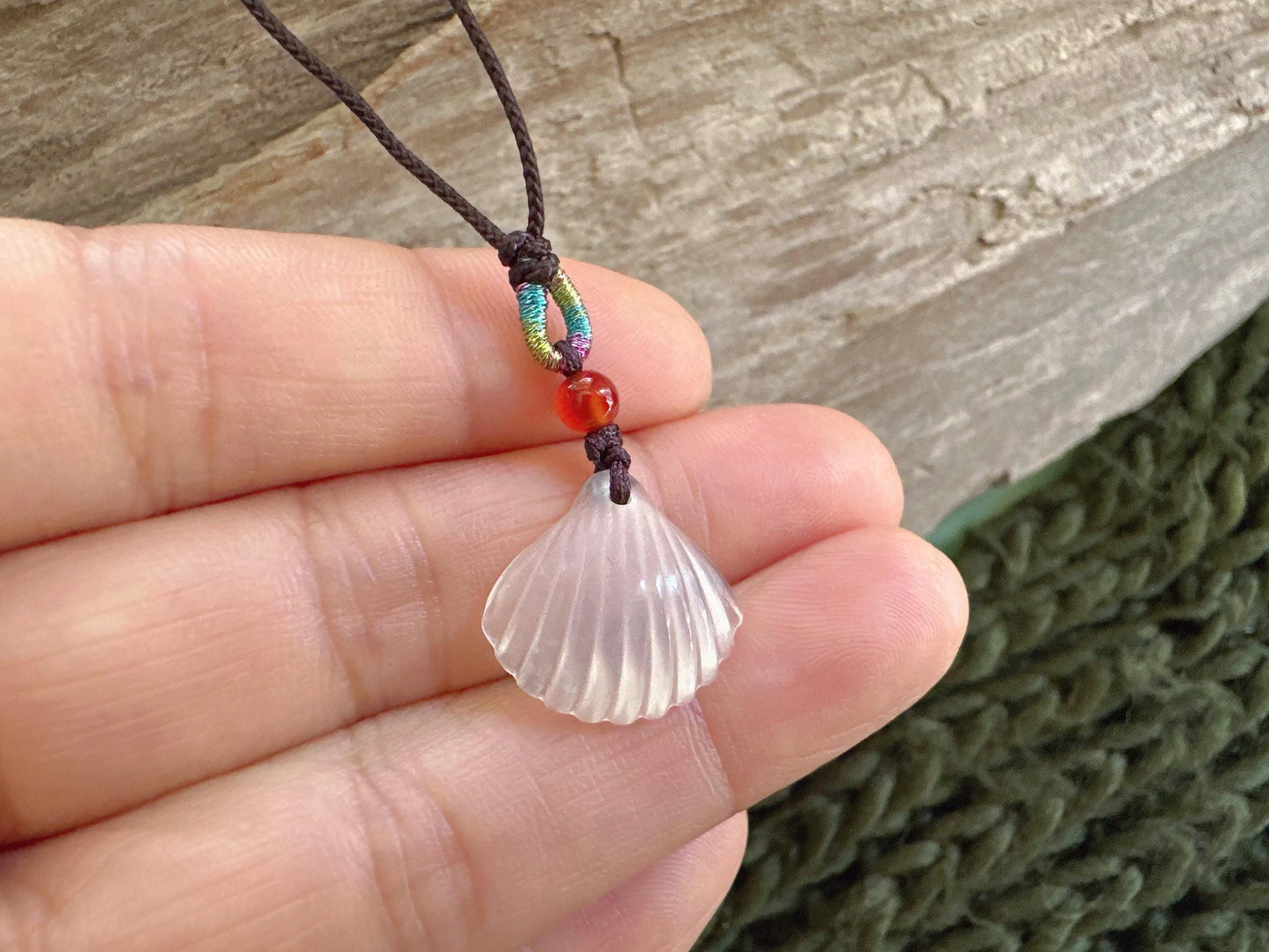 White Jade Shell Pendant Necklace: Natural Carved Jade, Beach Jewelry