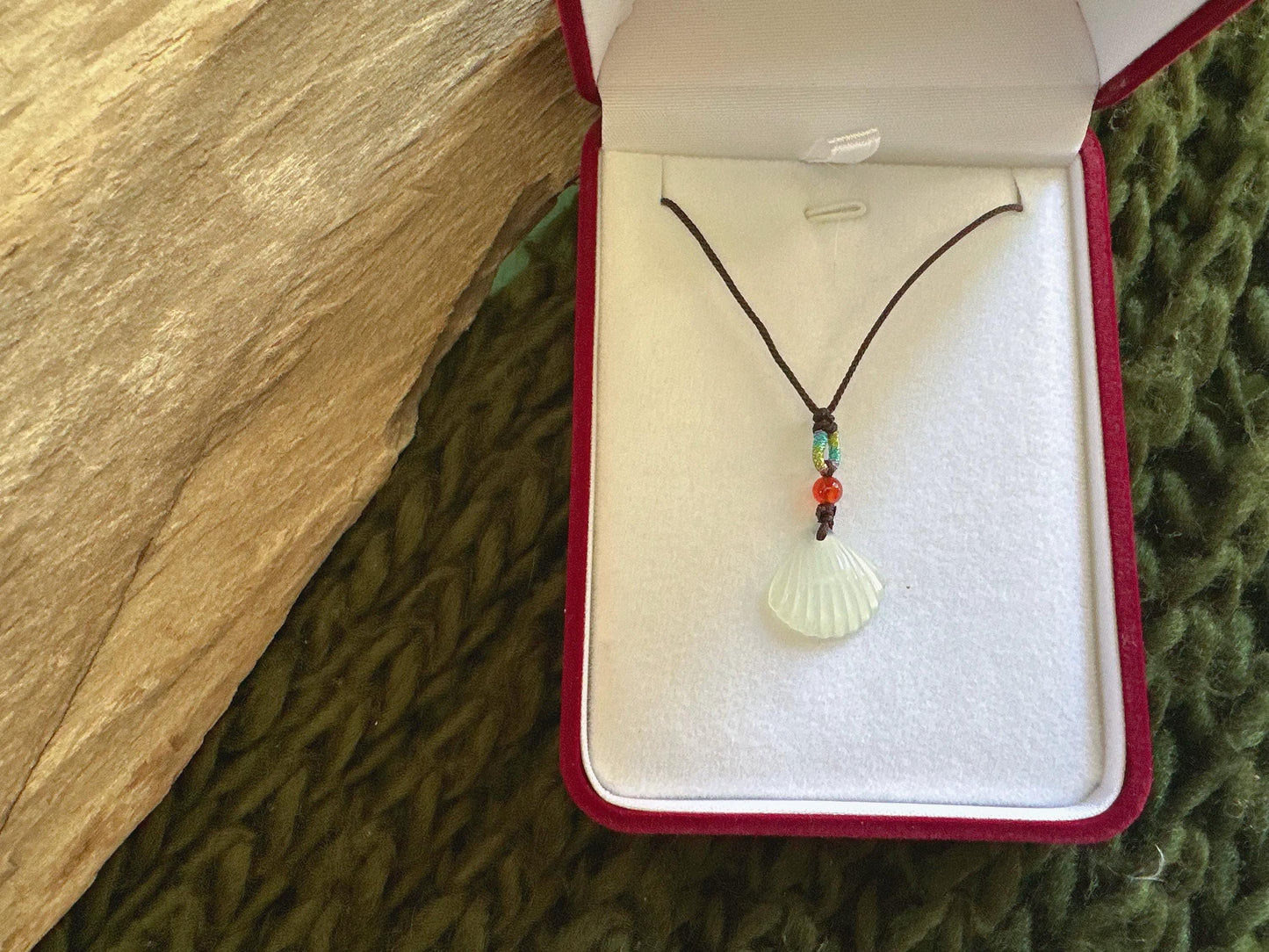 White Jade Shell Pendant Necklace: Natural Carved Jade, Beach Jewelry