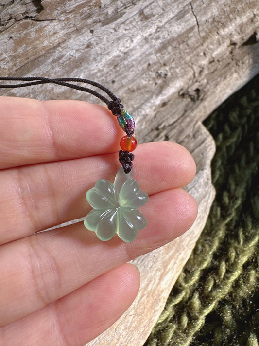 Dainty Jade Clover Necklace: Natural Gemstone Pendant, Hand-Carved
