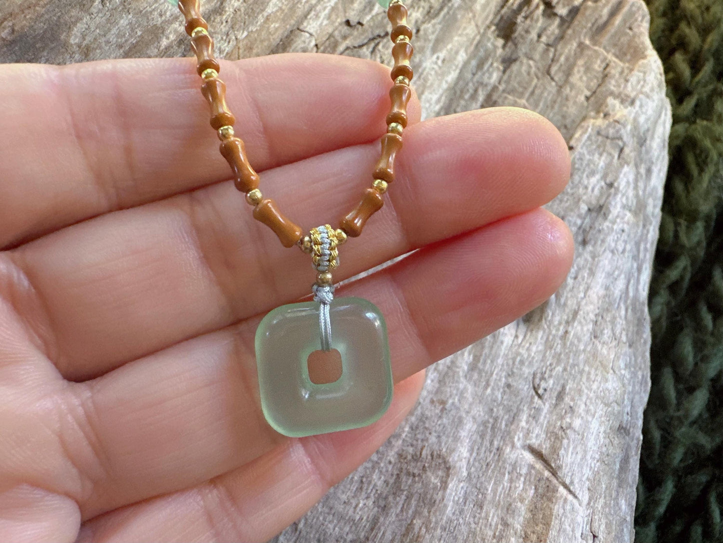 Square Jade Pendant Necklace: Natural Stone, Adjustable Cord
