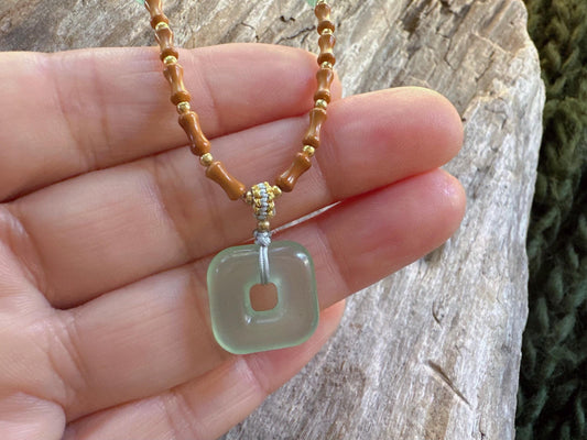 Square Jade Pendant Necklace: Natural Stone, Adjustable Cord